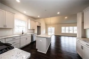 a kitchen with stainless steel appliances kitchen island granite countertop a stove a sink and white cabinets with wooden floor
