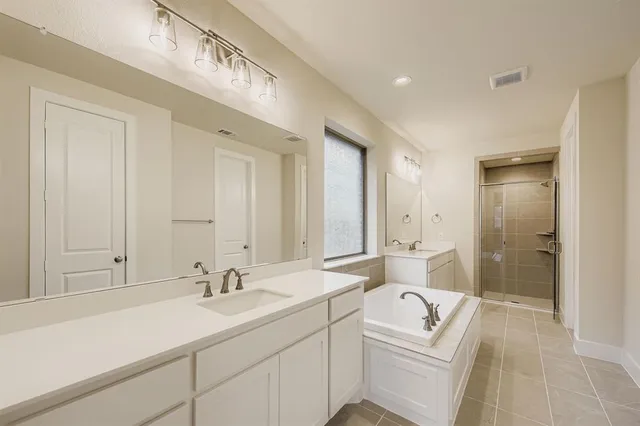 a spacious bathroom with a sink a mirror a bathtub and shower