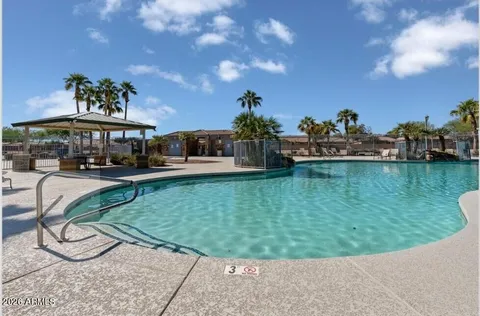a view of a swimming pool with a garden and a slide