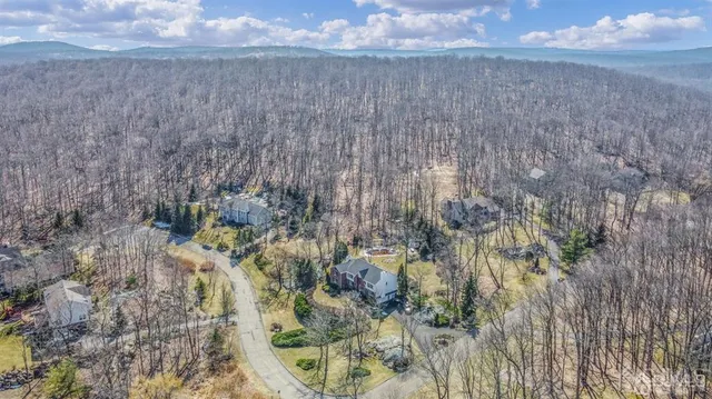 a aerial view of a house with a yard balcony and slide