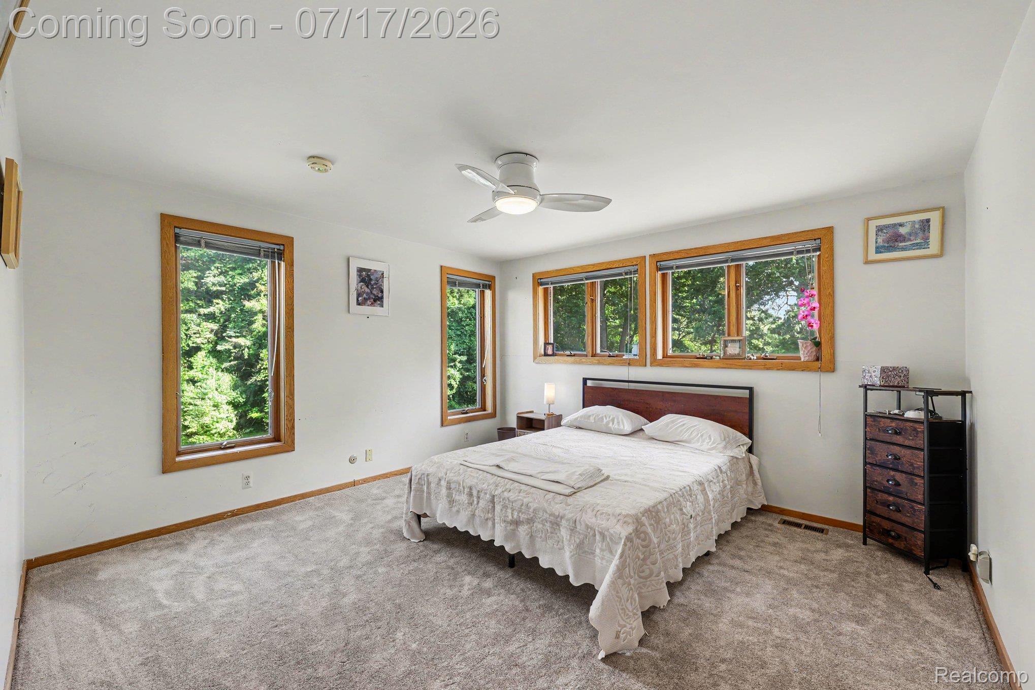 5685 Paint Valley Drive Rochester, MI 48306 - Photo 22 of 66 Bedroom featuring light gray carpet, multiple windows with wood trim, and a ceiling fan