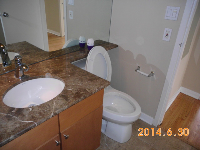 655 West Irving Park Road, Unit 4910 Chicago, IL 60613 - Photo 12 of 22 a bathroom with a granite countertop sink and a mirror