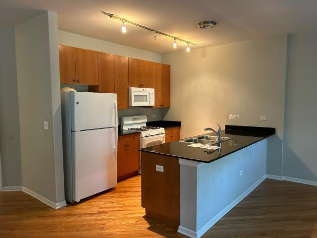 1461 South Halsted Street, Unit 1B Chicago, IL 60607 - Photo 17 of 20 a kitchen with refrigerator cabinets and wooden floor