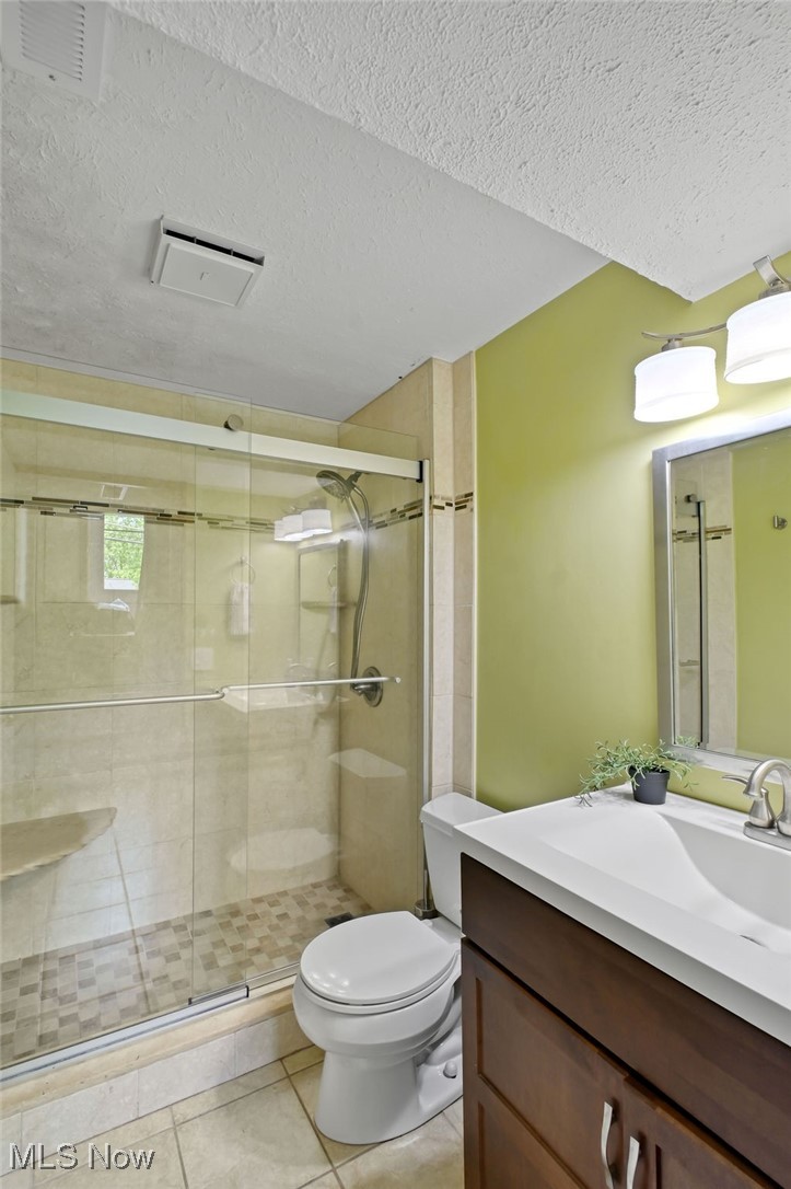 2610 Norton Road Stow, OH 44224 - Photo 26 of 41 Lower level. Bathroom with walk-in shower, vanity, ceramic tile floors, and a textured ceiling