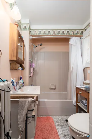 a bathroom with a sink a toilet and shower