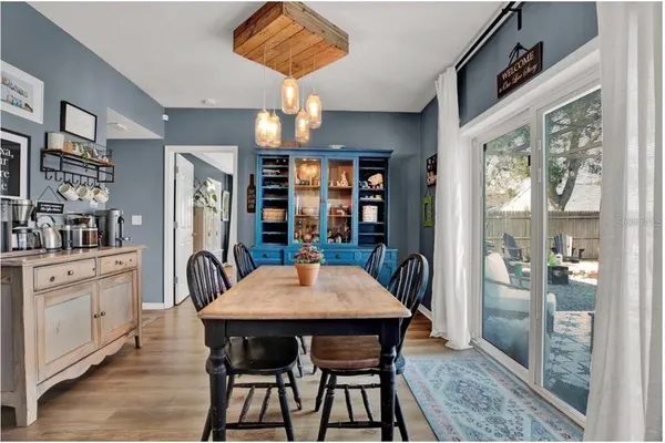 a view of a dining room with furniture window and wooden floor