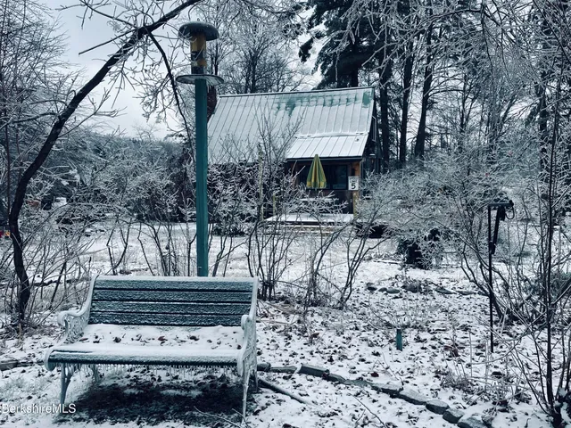 a view of a bench in the backyard