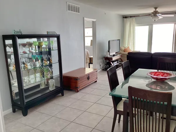a view of a dining room with furniture
