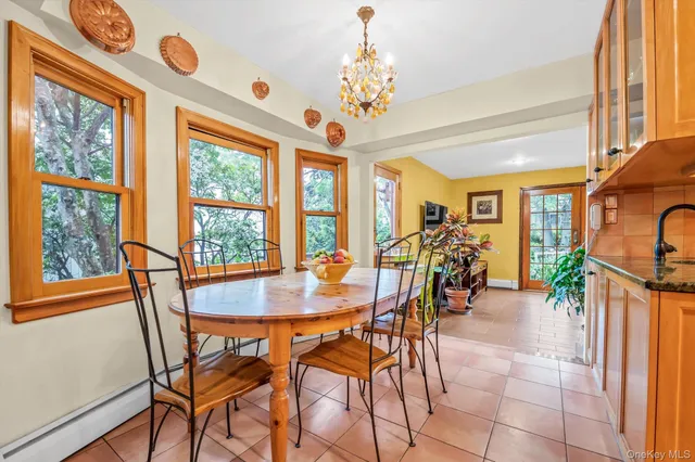 a view of a dining room with furniture window and outside view