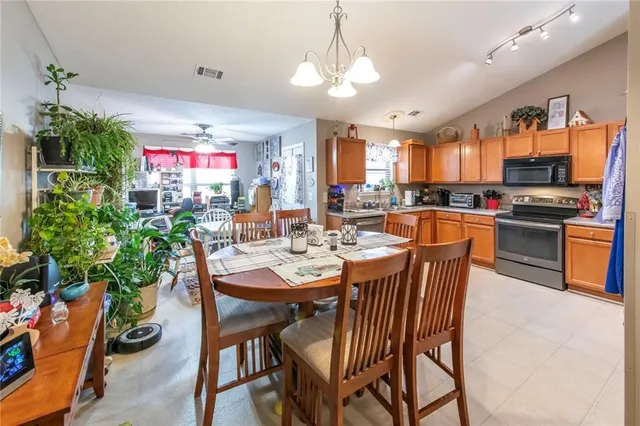 a view of a dining room and livingroom with furniture a rug a potted plant and a chandelier