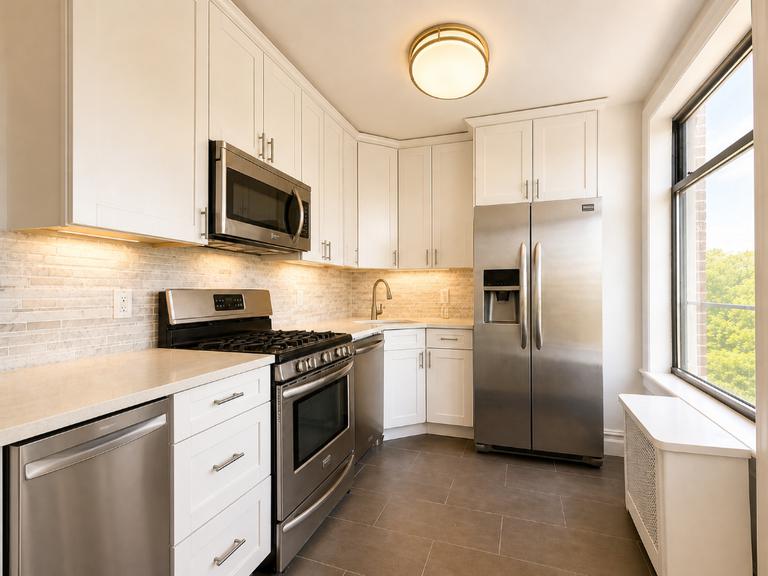 425 Riverside Drive, Unit 7I Manhattan, NY 10025 - Photo 2 of 14 a kitchen with stainless steel appliances white cabinets and a stove top oven