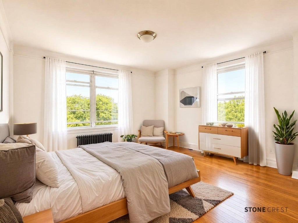 425 Riverside Drive, Unit 7I Manhattan, NY 10025 - Photo 3 of 14 a bedroom with a large bed and a large window