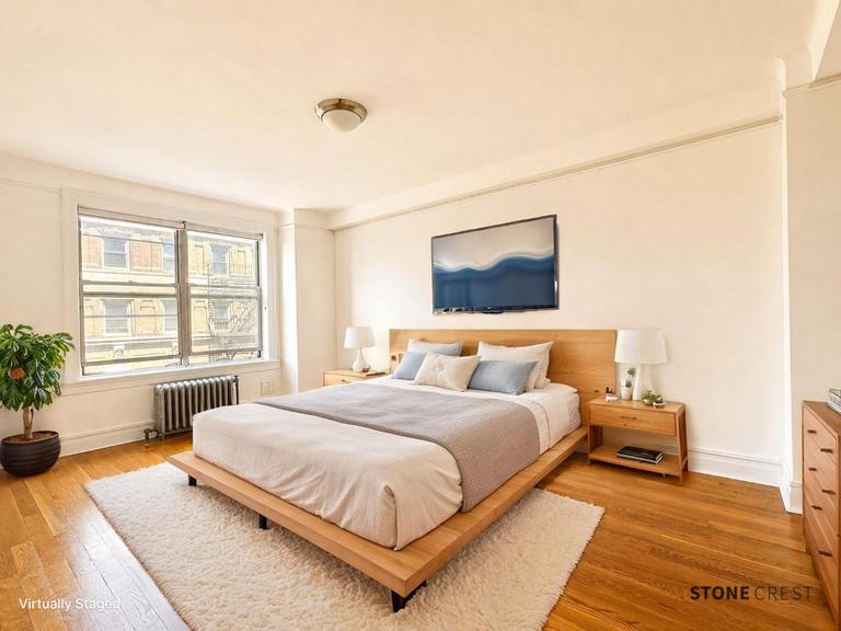 425 Riverside Drive, Unit 7I Manhattan, NY 10025 - Photo 8 of 14 a bedroom with a large bed and a couch