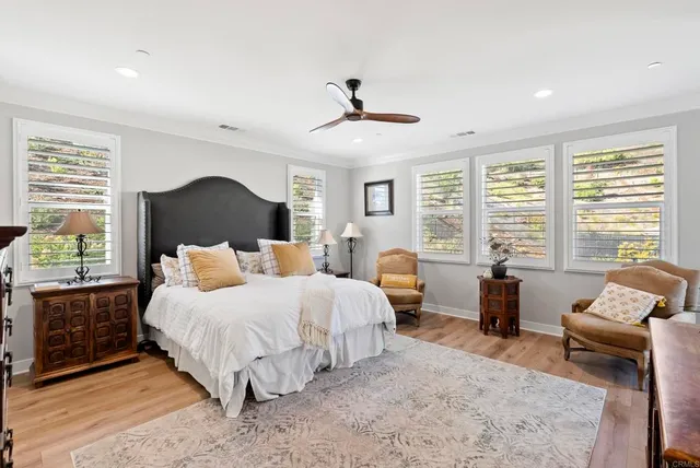 a bedroom with double bed windows and a rug