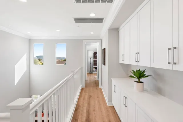 a view of a hallway with wooden floor and a potted plant