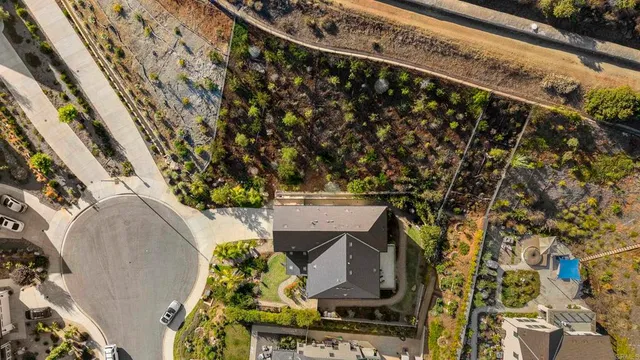 an aerial view of a house with a yard and a large tree