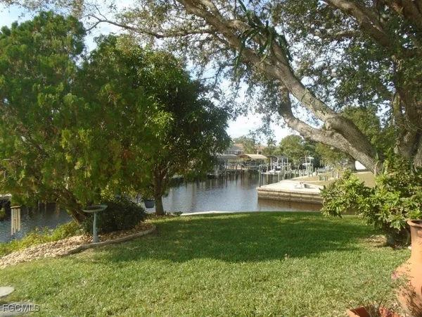 a view of a garden with a lake