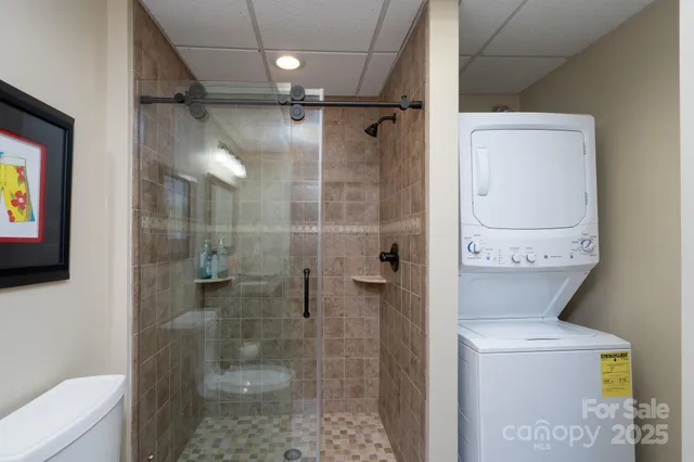 a bathroom with a shower and toilet