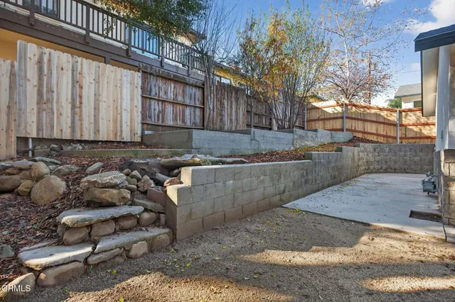 a view of a backyard with plants and trees