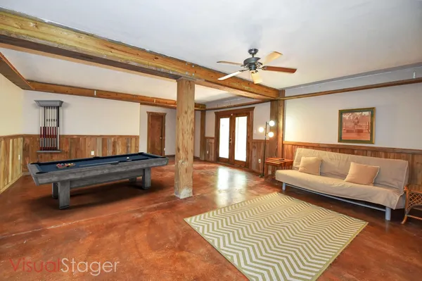 an empty room with shelves