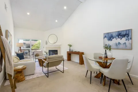 a living room with furniture a fireplace and a potted plant