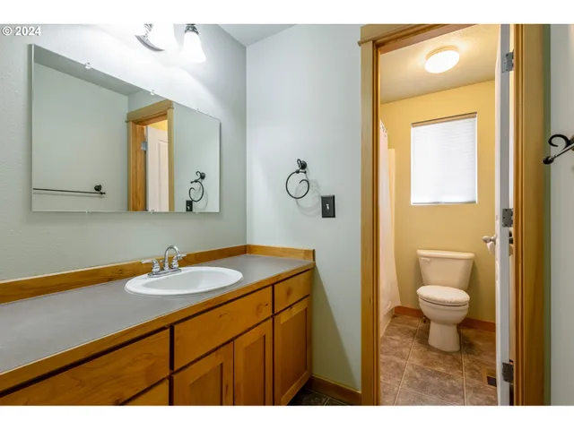 a bathroom with a sink a toilet and mirror