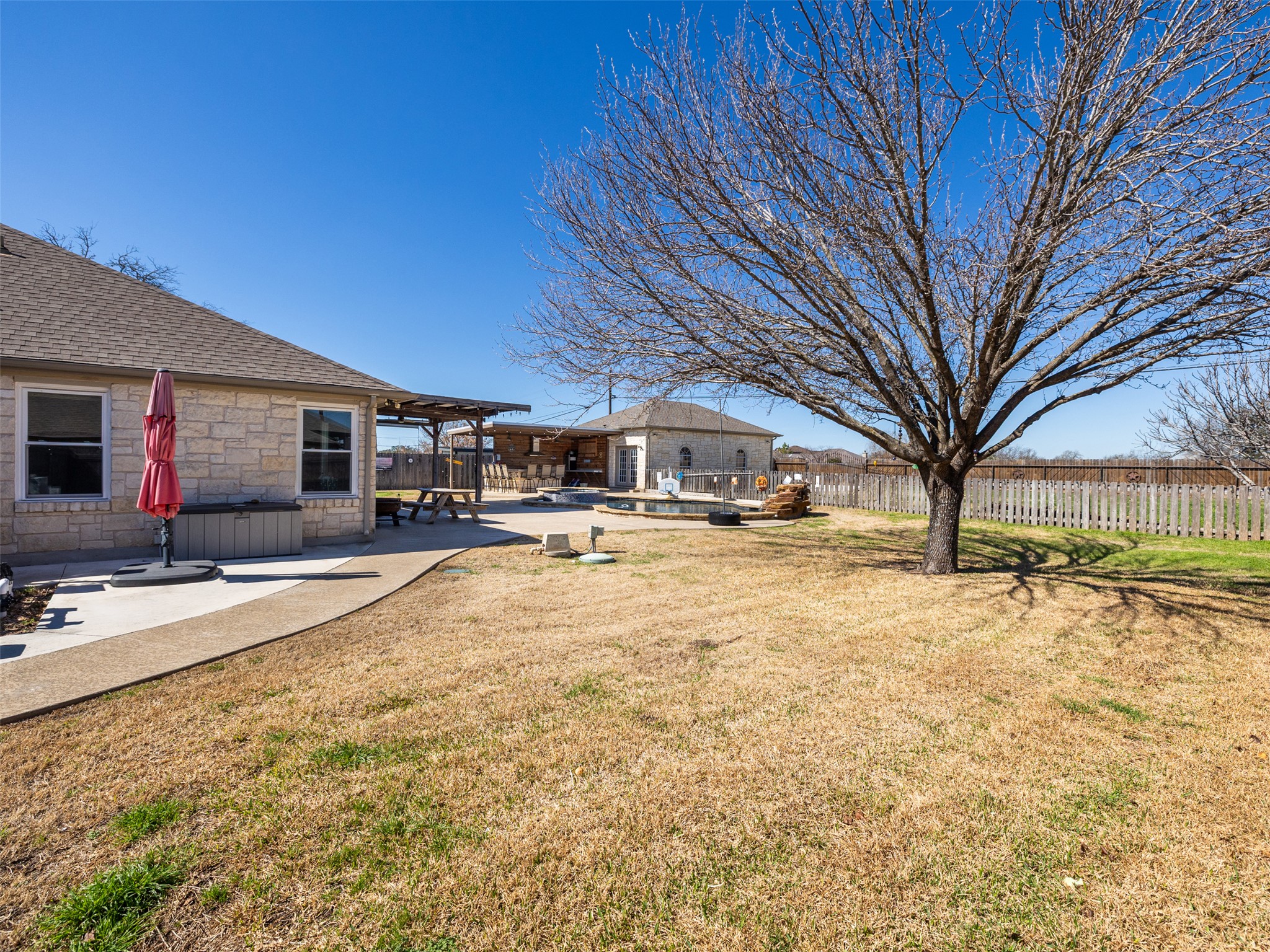208 South Buffalo Pass Georgetown, TX 78633 - Photo 25 of 28 Fenced backyard with a patio area. Additional yard and parking in the back behind first seen fenced area.