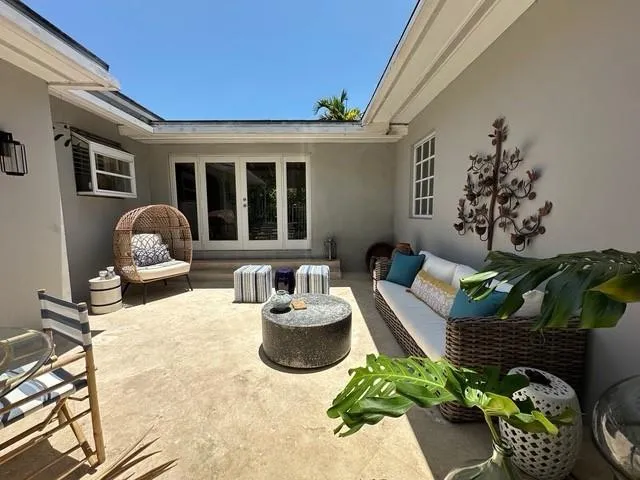 a living room with furniture and a potted plant