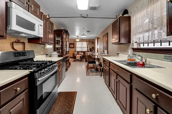 a kitchen with lots of counter top space