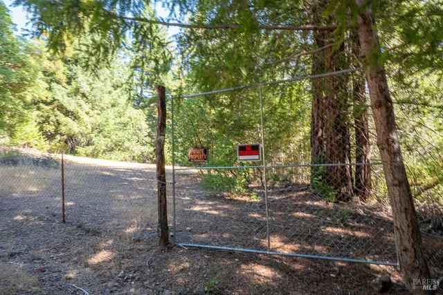 a view of a small house with backyard and trees