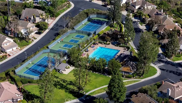 an aerial view of a house a garden