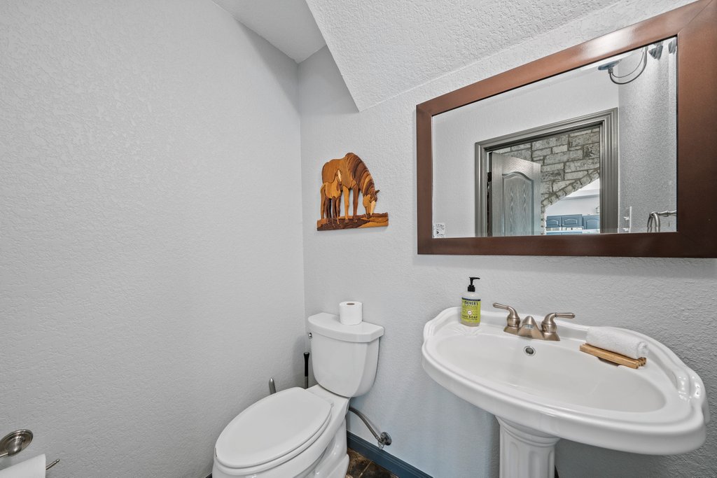 209 Lakeview Circle Spring Branch, TX 78070 - Photo 19 of 40 Half bath with a textured wall, a sink, and toilet