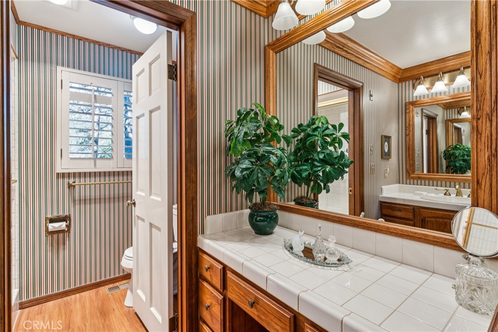 524 Golf Course Road Lake Arrowhead, CA 92352 - Photo 32 of 71 a bathroom with a granite countertop sink a potted plant and a window