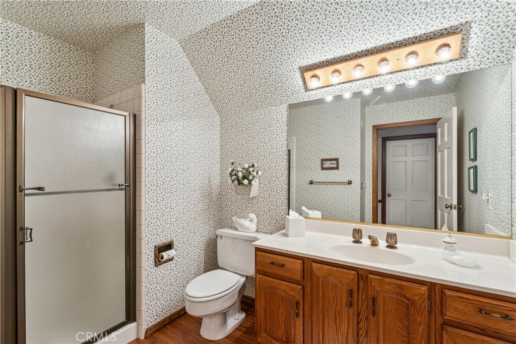 524 Golf Course Road Lake Arrowhead, CA 92352 - Photo 50 of 71 a bathroom with a sink a toilet a mirror and shower