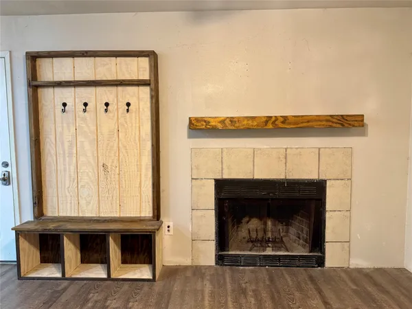 a living room with a fireplace