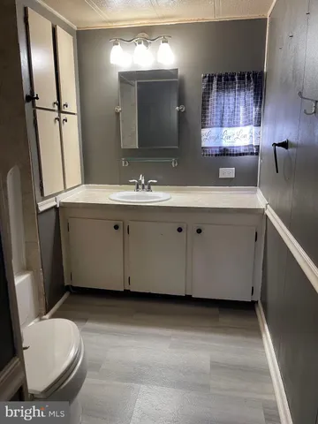 a bathroom with a sink mirror vanity and toilet