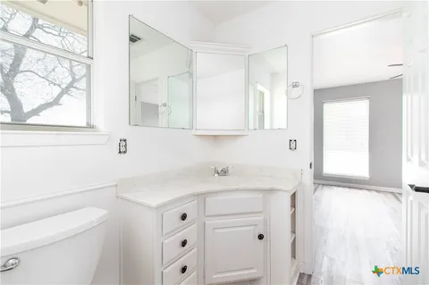 a bathroom with a sink a toilet and a window