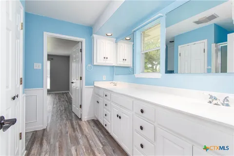 a bathroom with a sink a mirror and a shower