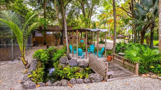 a backyard of a house with lots of green space and fountain