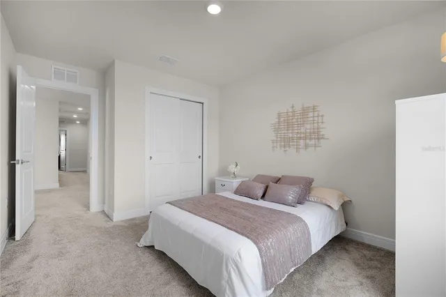 a bedroom with a bed and a closet