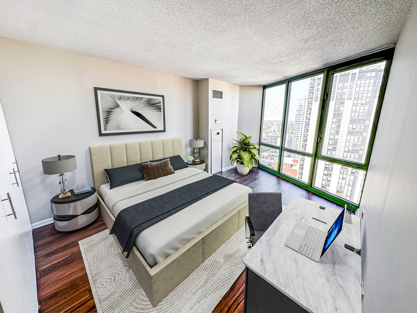 111 West Maple Street, Unit 2703 Chicago, IL 60610 - Photo 4 of 14 a bedroom with a bed and wooden floor