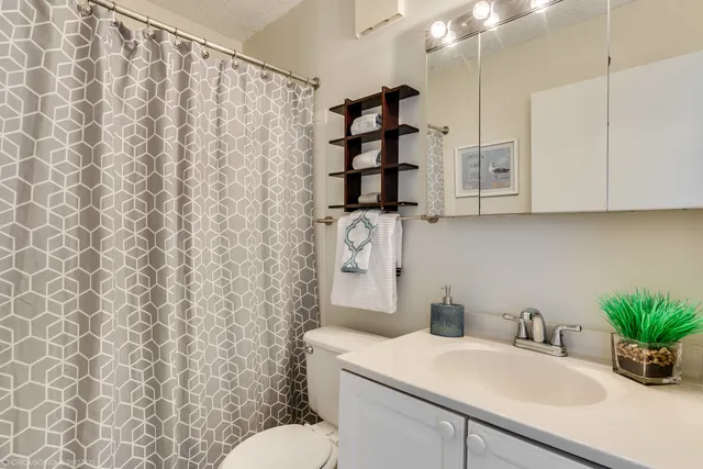 a bathroom with a sink toilet and shower
