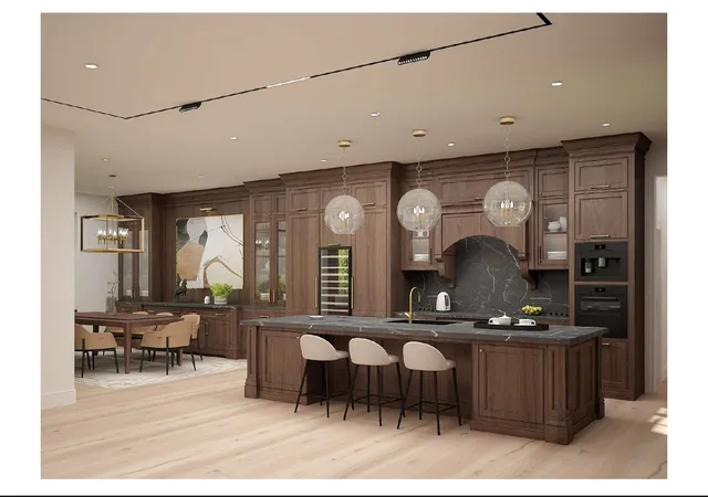 a living room with stainless steel appliances kitchen island granite countertop furniture a rug and a large window