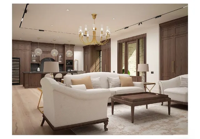 a living room with furniture and chandelier