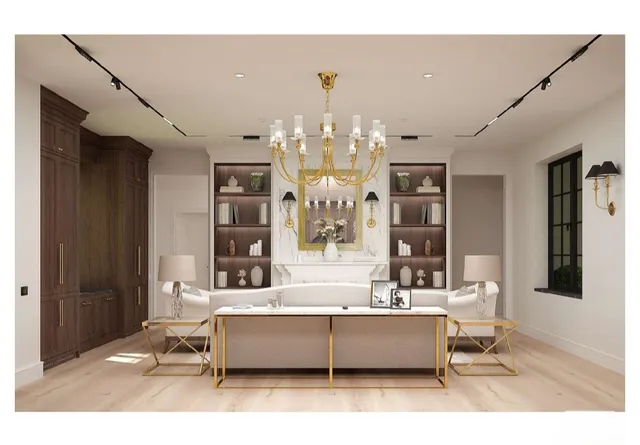 a living room with furniture and chandelier