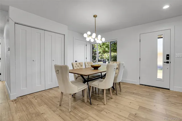 a dining room with furniture and wooden floor