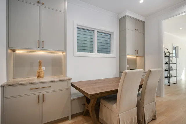 a view of a dining room with furniture