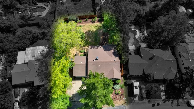 an aerial view of a house with a yard and garden