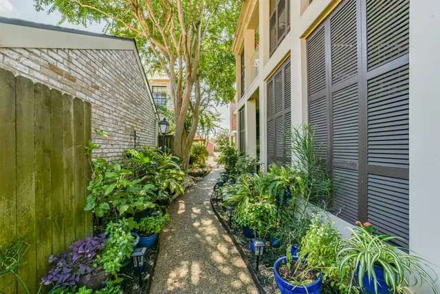 a backyard of a house with a garden and plants