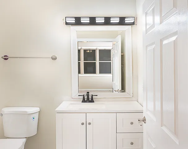 a bathroom with a sink a toilet and vanity